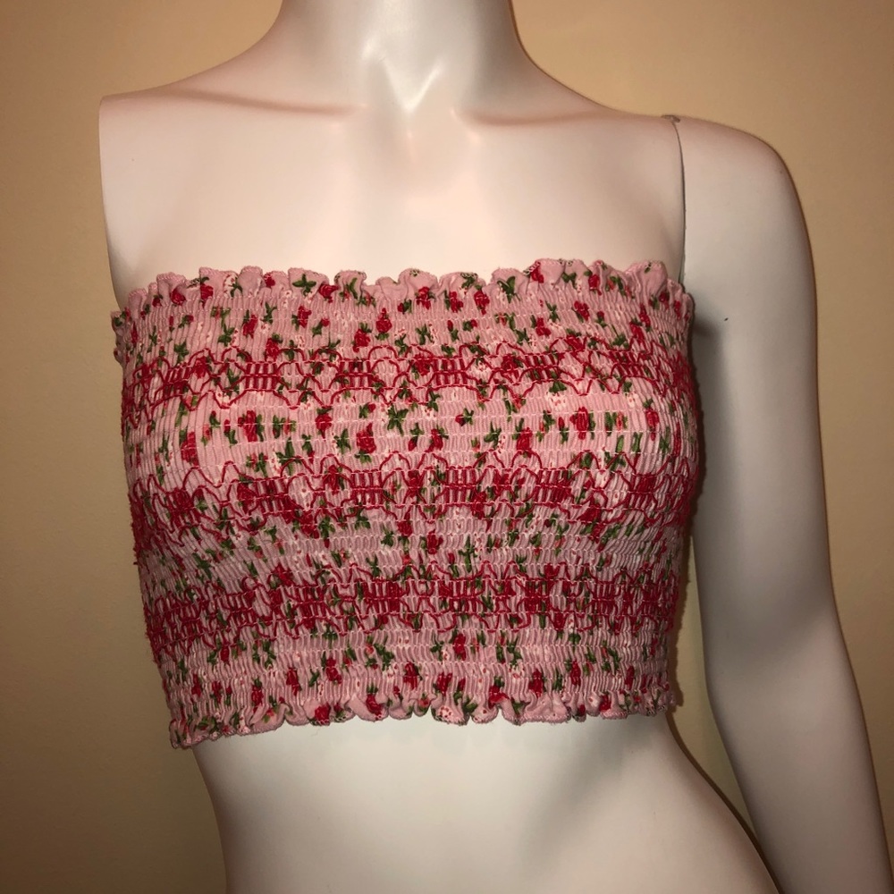 Topshop Pink Floral Smocked Ruched Tube Top